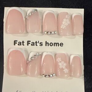Pink and White Press-On handmade acrylic Nails with Rhinestones